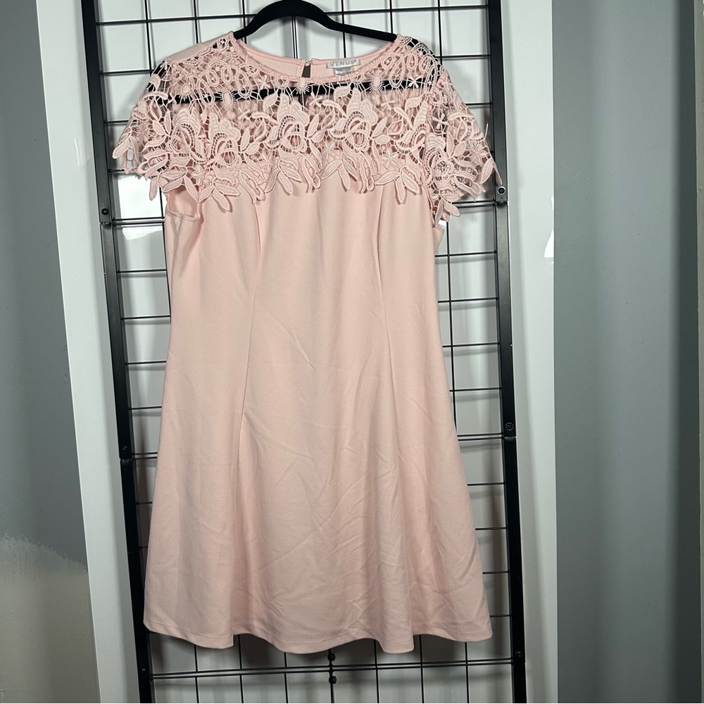 Venus Pastel Pink Lace Top Short Sleeve Dress w/ Button Back Closure Women's XL